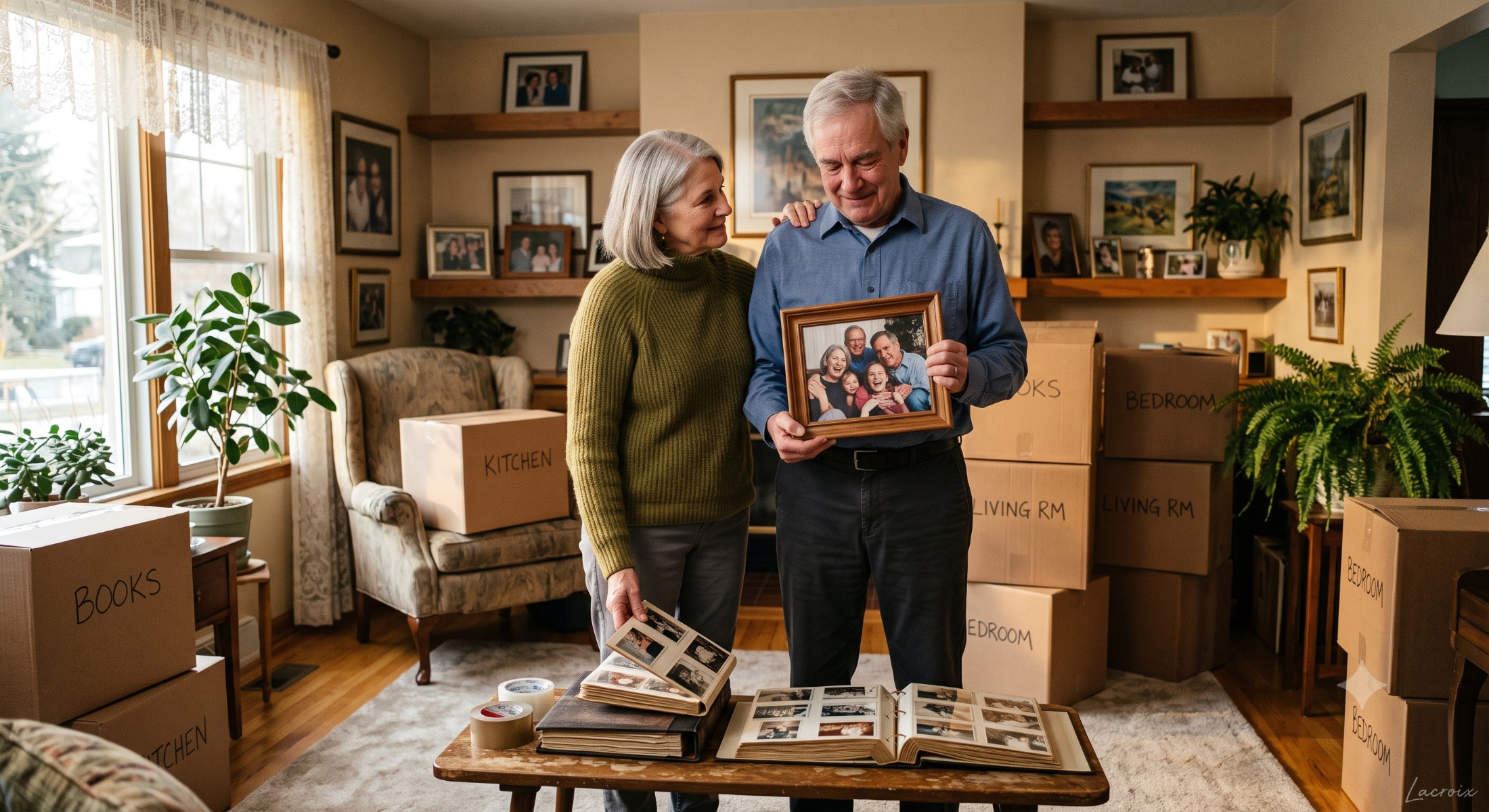 A couple downsizing and looking at all the memories they have